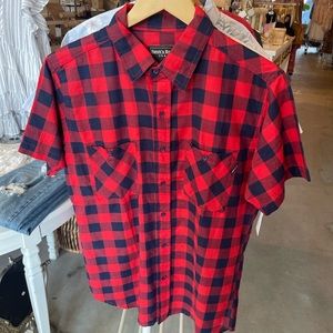 red and blue button up shirt